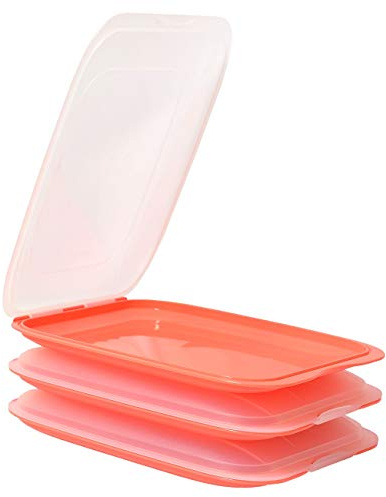 ENGELLAND - Hochwertige stapelbare Aufschnitt-Boxen, Frischhaltedose für Aufschnitt. Wurst Behälter. Perfekte Ordnung im Kühlschrank, 3 Stück Farbe Lachsrosa, Maße 25 x 17 x 3.3 cm