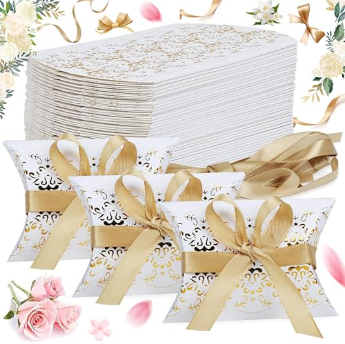 HoufuJC 50 Piezas Cajas de Regalos de Boda de Almohada, Caja de Regalo para Fiestas, Kit con Cintas Doradas, para Regalos de Boda, Suministros para Fiestas de Cumpleaños, Baby Shower (Blanco, Dorado)