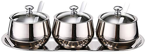 rismart Stagionatura Vaso Spezia Contenitore con coperchi Acciaio Inox Cucchiai e Vassoio da Portata 300ml Zuccheriera Argento 3 Pezzi 31.5_x_9 cm