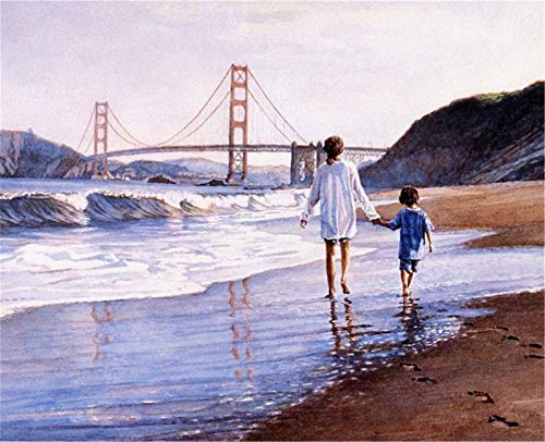 YEESAM ART DIY Ölgemälde Malen nach Zahlen Erwachsene Kinder, Kinder am Strand 16x20 Zoll Zahlenmalerei ab 5 Öl Wandkunst (Strand, mit Rahmen)