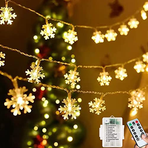 Lezonic Weihnachten Lichterkette Batterie Schneeflocke 7M 60LED Lichterketten mit Fernbedienung 8 Modi Wasserdicht Außen Innen Lichterketten für Zimmer Party Balkon DIY Deko Warmweiß