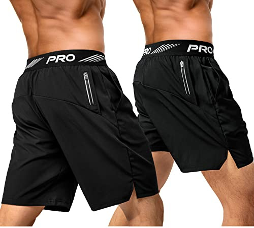 aquota Pack de 2 Pantalones Cortos Deportivos para Hombre, Ligeros, De Secado Rápido, Entrenamiento, Correr, Tenis, Atléticos, Trotar, con Bolsillo Corto con Cremallera，9& 5, Negro, XX-Large