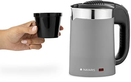 Navaris Compact Electric Travel Kettle - 0.5 L Travel Jug Kettle with Dual Walls and Boil Dry Protection - Small 1100W Grey Holiday Kettle w/ 2 Cups