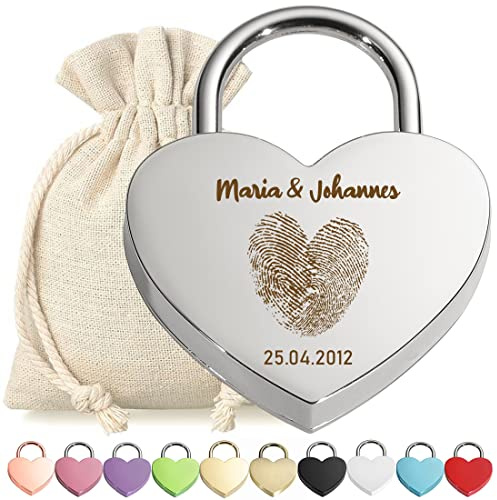 Liebesschloss Herz-Schloss Bügelschloss Silber mit Gravur - Motiv Herz Fingerabdruck - personalisiert - eloxiert - Stoff-Geschenkbeutel - Valentinstag, Jahrestag - Pärchen Geschenk - present