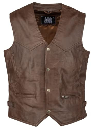 URBAN 5884 Chaleco de Cuero Genuino para Hombre estilo Biker, Chaleco de Piel de Motociclista, Cuero ovino Suave, Chaleco con cierre de Botón, Marrón, L