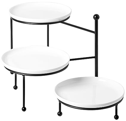 Kanwone 3 Tiered Serving Stand with White Porcelain Plates, Tiered Tray Stand, Dessert Table Display Set, 8 x 8 Tier Serving Trays with Black Metal Stand for Entertaining, 3 Tier Dessert Stand