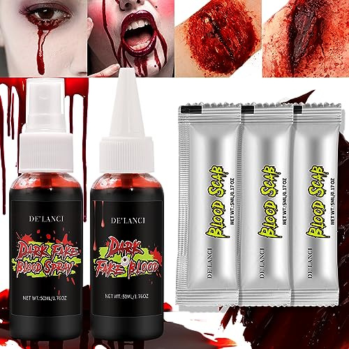 Halloween Kunstblut Schminke 5 PCS,DE’LANCI Halloween Blut Schminke Set,1 Kunstblut Spray für Haut,1Tropfendes
