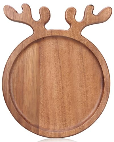 Renawe Decor Christmas Dinner Plate 12x10 Wooden Cheese Charcuterie Board Xmas Cookies Platter Wood Salad Charger Plates for Christmas Holiday Serving Dish Round Dessert Trays
