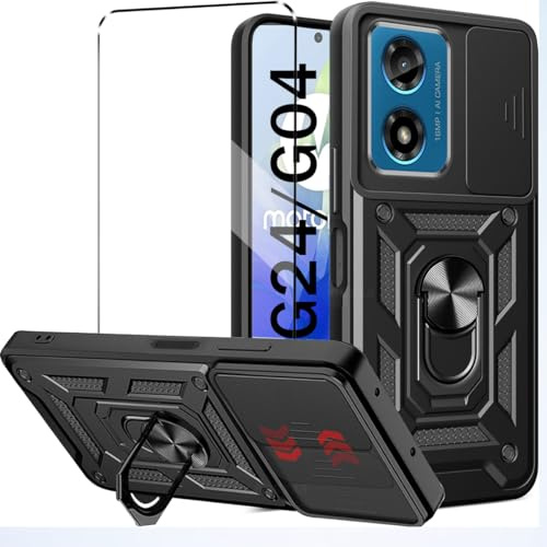 Coque et Verre trempé Pour Motorola Moto G24/G04 Coque de protection étui housse etui protection et protège écran antichoc,Lentille Coulissante Couverture, Support 360° Rotatif Militaire PC Black