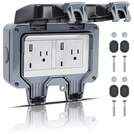 ZUYIYI Outdoor Power Outlet IP66 Waterproof Power Socket, 15A 110-250V Outdoor Plug Socket with Type C & USB Ports, Lockable Electrical Outlet with Clear Cover for Garden Outdoor Indoor Wall