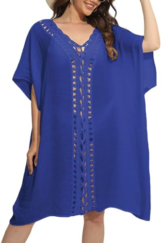 Baynetin Damen Strandkleid Bikini Cover Up Einteilig,V-Ausschnitt Sommer Strandurlaub Cutout Strandponcho Strandurlaub Badeanzug Beachwear (Buntes Blau)