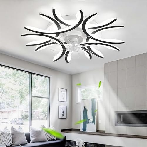 NVZHIDAI LED Ceiling Fan Lights Bedroom Remote Control Silent Ceiling Light with Fan Dimmable Reversible 6 Speed Flush Mount Fan Light Smart DC Large Modern for Living Room, Lounge, Black||A