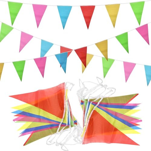 Rseuphiee Bandierine per esterni, 100 m, multicolore, triangolo, per esterni, in tessuto resistente alle intemperie, per compleanni, feste, interni ed esterni.