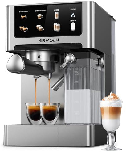 AIRMSEN Cappuccino Espresso Maker - 20 Bar Milk Coffee Machines with Double Boiler and Automatic Milk Steamer - 3 in 1 Coffee Maker with Led Touch Control - Stainless Steel