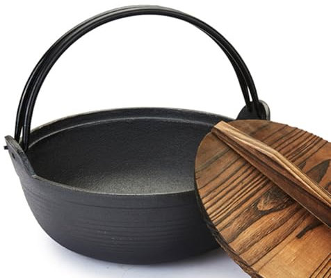 KRODEAIR Uniquel Sukiyaki Pot,Poele Fonte Naturelle Cocotte en Fonte Wok Fondue Chinoise avec Couvercle en Bois pour Cuisine Bibimbap Porridge Soupe Nouilles,25cm