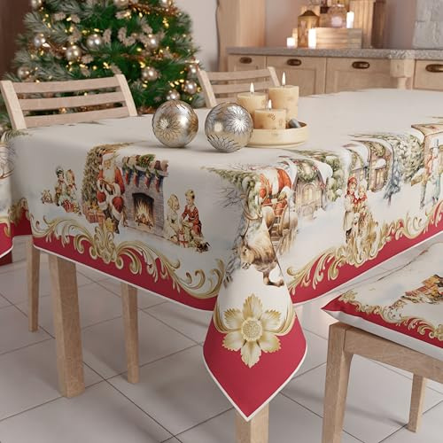 PETTI Artigiani Italiani - Tovaglia Natalizia Antimacchia Rettangolare Copritavolo Natalizio Cucina Disegno Vintage Xmas X12 Posti (140x240 cm) 100% Made in Italy