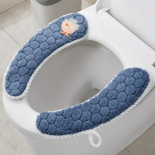 2 Paar Plüsch-WC-Sitzbezüge, warm, dick, gepolstert, rutschfest, weich, waschbar, Badezimmerwärmer mit selbstklebendem Klebeband