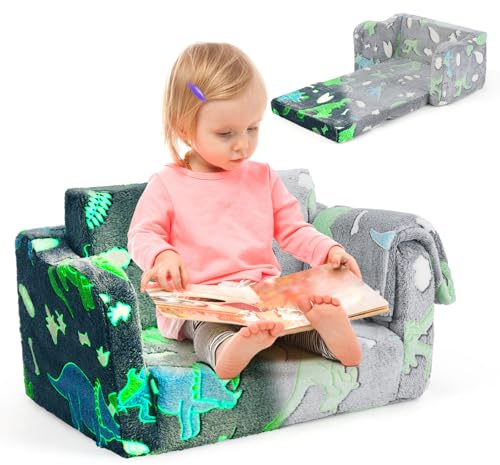 COSTWAY Kids Couch, 2-in-1 Glow in The Dark Toddler Sofa Couch to Lounger Bed, Comfy Fold Out Children Sofa Chair Convertible Armchair Gift for Boys & Girls (Grey Dinosaur)