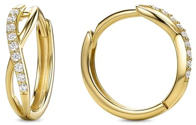 MIORE Schmuck Damen, Ohrringe Gold 375 9kt, Creolen Gold mit Zirkonia Steine, Echt Goldene gekreutzte creolen 13 mm, Damenohrringe, runde Hoops Ohrringe Damen, Damenschmuck Handgemacht
