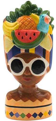 Dekohelden24 Blumenvase, Dekovase, Pflanzenvase, Tischvase, Gesichtsvase, Blumentopf Frau mit Sonnenbrille und Obst, dekorativer Pflanztopf aus Keramik, in bunt, Größe: L/B/H 10 x 10 x 20 cm.