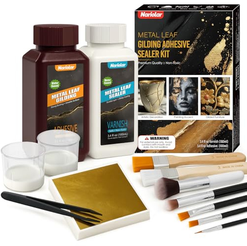 Nariolar Latte per foglie d'oro Kit - 100 ml di colla foglia d'oro e vernice protettiva da 100 ml, 100 fogli di foglia d'oro, 7 pennelli e 1 pinzetta per fai da te e decorazioni
