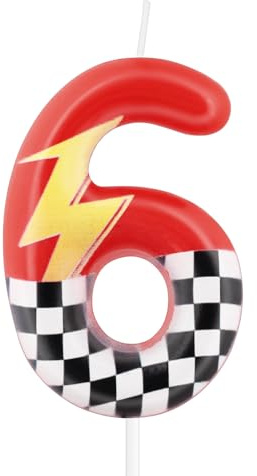 mciskin Red Racing - 6 candele di compleanno, decorazioni per 6° compleanno per ragazzo e ragazza, candela rossa numero 6 per torta, decorazioni per torte a tema auto da corsa a tema auto da corsa
