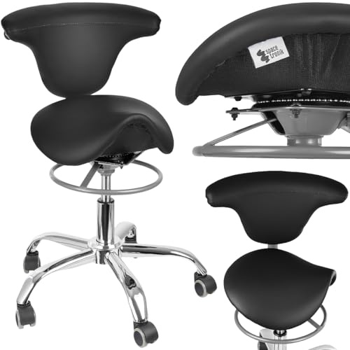 Spacetronik Sgabello a Sella Ergonomico con Schienale Regolabile, Seduta Girevole a 360°, Altezza Regolabile 72-79 cm, Sedia da Lavoro con Base in Metallo e 5 Ruote Silenziose