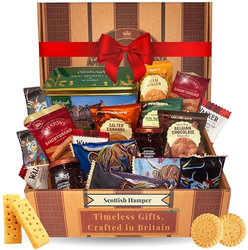 Scottish Gifts Tea and Biscuits Gift Set – Afternoon Tea Hamper for 2 Bundle Contains Individually Wrapped Biscuits, Edinburgh Teabag Tin and Raspberry & Jam Preserves