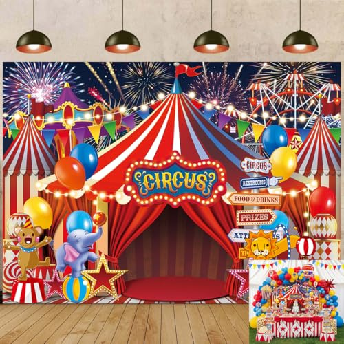 Toile de fond de tente de cirque rouge sur le thème du carnaval pour fête d'anniversaire, fête prénatale, cabine de photographie (1,8 x 1,2 m)