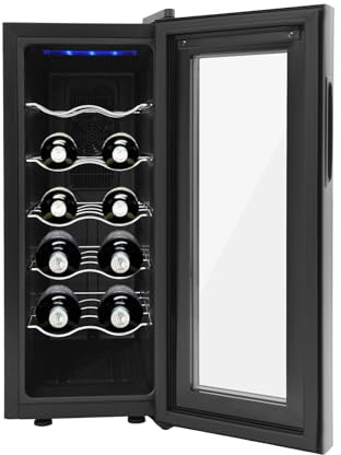 SuhoFutus Frigorifero per vino (12 bottiglie da 33 litri), silenzioso, con illuminazione a LED e protezione UV, controllo preciso della temperatura di 12-18 °C, 5 ripiani regolabili, per vino rosso