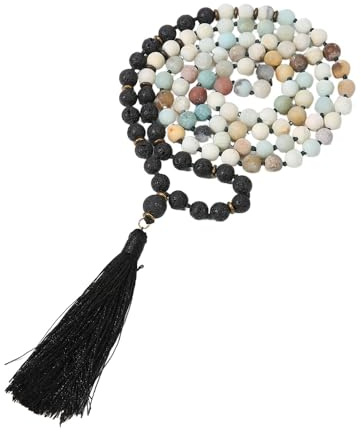 Generisch 108 Mala-Perlen-Knotenkette für Damen und Mädchen,Natürliches Amazonit-Armband,Lange Halskette Mit Quaste,Gebet,Spirituelle Meditation,Schmuck,Geschenke,8 Mm Amazonit + Lavastein