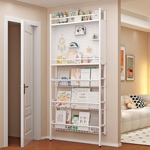 Bücherregal hinter der Tür, platzsparendes Kinderbücherregal mit 5 Etagen | hohes schmales Bücherregal hinter der Tür, offenes Wandregal mit Haken für Schlafzimmer Kinderzimm (Weiß, 82×12×188CM)