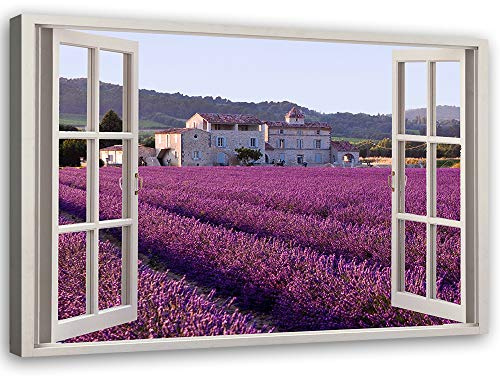 Leinwandbild XXL Lavendel Wandbild Kunst Fenster-Illusion Violett 115x75 cm