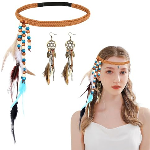 Indianer Kopfschmuck Haarschmuck, Indianer Ohrringe Damen, Boho-Kopfschmuck, Stirnband Festival, Haarband Ohrringe mit Federn, Hippie Accessoires, für Karneval Fasching Fastnacht Schmuck
