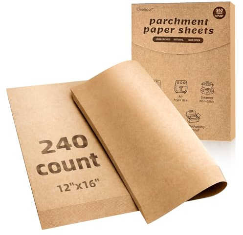 CLEANGOR 240Pcs Unbleached Parchment Paper Sheets, 12 x 16 Inch Pre-cut Parchment Sheets, No-Stick & No-Leak Baking Paper, Heavy Duty Baking Liners for Oven, Air Fryer, Microwave & Steamer