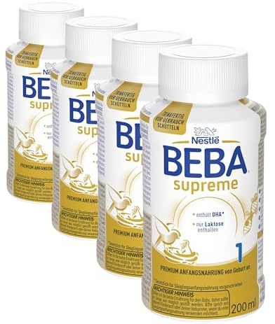 BEBA Nestlé BEBA SUPREME 1 Anfangsmilch: trinkfertige Portionsflaschen, mit Omega 3, 4er Pack (1 x 200ml)