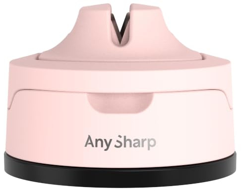 AnySharp Evo Aiguiseur de Couteaux, Sécurité Mains Libres, Ventouse PowerGrip, Aiguise en Toute Sécurité Tous les Couteaux de Cuisine, Idéal pour l'Acier Trempé & Dentelé, Rose
