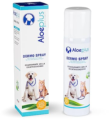 ALOEPLUS Dermo Spray 100ml - Cicatrizzante Cani e Gatti Ferite, Proprietà Lenitive, Decongestionanti e Cicatrizzanti, Pelle Sensibile, con Aloe Arborescens BIO contro Prurito Cane, Irritazioni