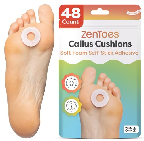 ZenToes Callus Cushions | Water-Resistant Self-Stick Adhesive Corn Pads | Foot, Heel, & Toe Discomfort Relief | Soft Foam for Friction Protection | Ideal for Active Lifestyles | 48-Pack