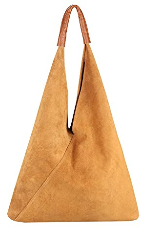 OBC Made in Italy Damen XXL Leder Tasche Handtasche Wildleder Shopper Schultertasche Hobo-Bag Umhängetasche Beuteltasche Velourleder DIN-A4 Ledertasche Cognac