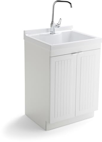 SIMPLIHOME Murphy All-in-One 24 inch Wide Utility Sink and Laundry Cabinet in Pure White Finish, Transitional ABS Sink Cabinet for Laundry Rooms with High-Arch Chrome Faucet and Pull-Out Spray