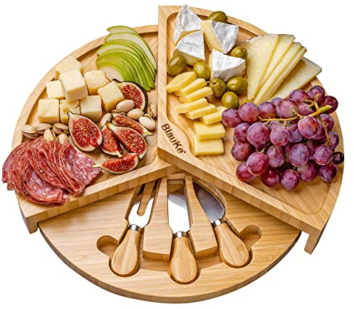 Tabla de Quesos con Utensilios Extensible, para 2-3 Personas – Bandeja de Madera para Queso Desayuno Aperitivo – Tabla de Madera de Bambú para Cortar Queso – Bandejas para Servir Comida – Idea Regalo