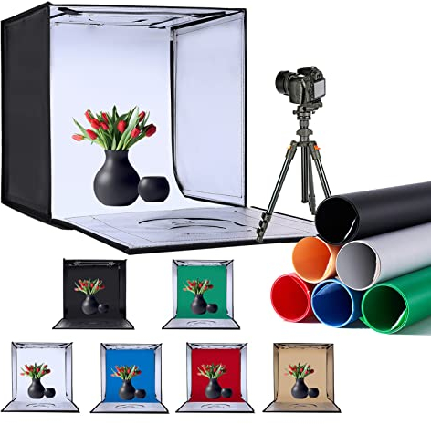 ZKEEZM Photo Studio Light Box 50x50cm Professional Portable Foldable Tabletop Photography Light Tent with Adjustable Brightness, Dimmable Photo Booth Shooting with 80LED Lights and 7 Colors Backdrops