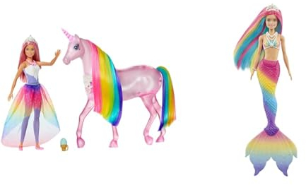 Barbie GWM78 - Dreamtopia Magisches Zauberlicht Einhorn mit Berührungsfunktion & Dreamtopia Rainbow Magic Mermaid, Meerjungfrau mit Regenbogenhaaren