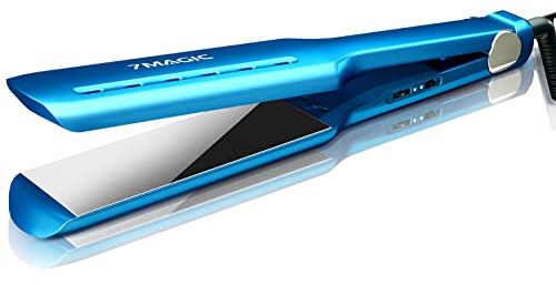 7MAGIC 1.7 Nano Titanium Wide Flat Iron Hair Straightener for Thick Hair, 15s Fast Heating with MCH Technology for Smooth & Sleek Results, Damp to Dry Styling, Dual Voltage 110-220V, Blue
