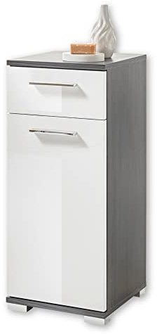 ORLANDO Badezimmer Kommode in Weiß Hochglanz, Pinie Grau - Badezimmerschrank Bad Schrank mit viel Stauraum - 30 x 70 x 30 cm (B/H/T)