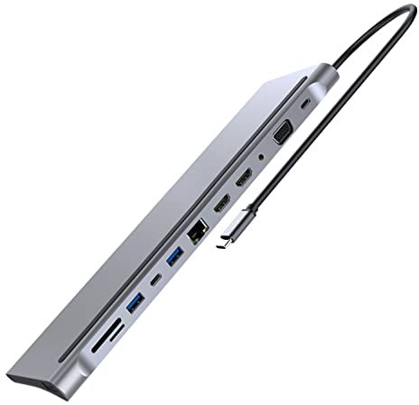 Station d'accueil USB C pour Ordinateur Portable, Adaptateur Multiport de Type C avec Double HDMI 4K, VGA etc 12 en 1 Hub pour Dell XPS Surface