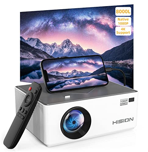 Mini projecteur natif 1080p en plein air, HISION 8000L, home cinéma portable 4K, compatible avec TV Stick, HDMI, VGA, USB, ordinateur portable, DVD, iOS et smartphone Android