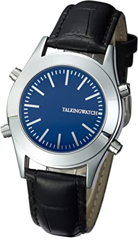 Sprechende Uhr auf Italienisch, mit Wecker und Stundenbericht, blaues Zifferblatt, Lederarmband Schwarz Viy-blui-026e, Armband