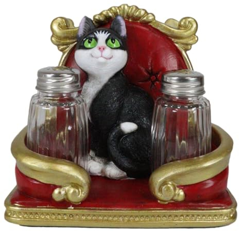 Ebros Gift Royal Feline Service - Figurine de chat noir et blanc sur chaise rouge et dorée - Porte-serviettes de table de cuisine avec salière et poivrière en verre - Compartiments de rangement